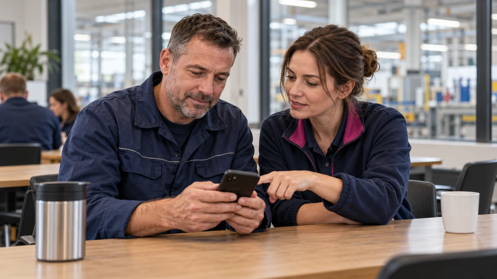 A colleague helps an employee use an app on his own phone in a workplace break area.
