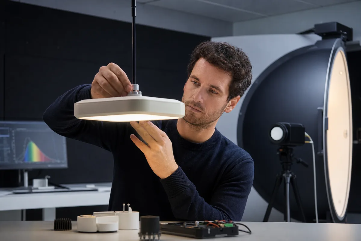 Inženir podjetja Agora Lux v laboratoriju preizkuša pametno pisarniško svetilko
